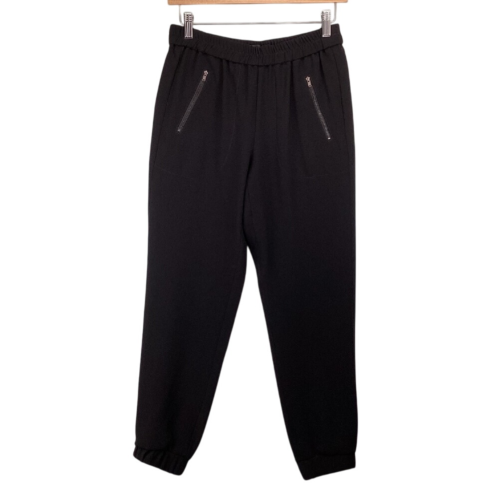 J. Crew Black Crepe Jogger Pants Size 0 Zipper Pockets Elastic Waist Casual‎